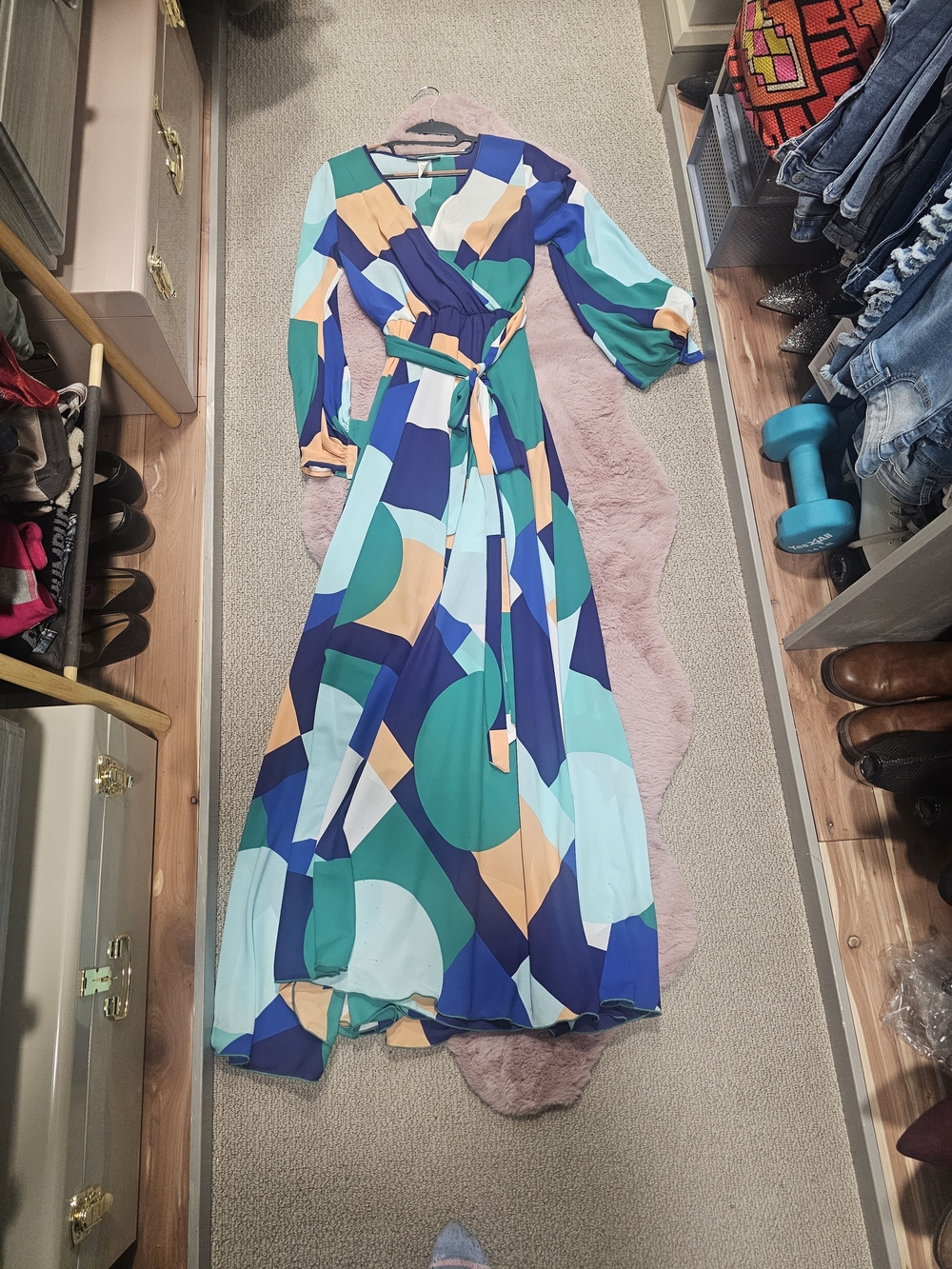 Geometric Print Wrap Maxi Dress in Teal & Blue